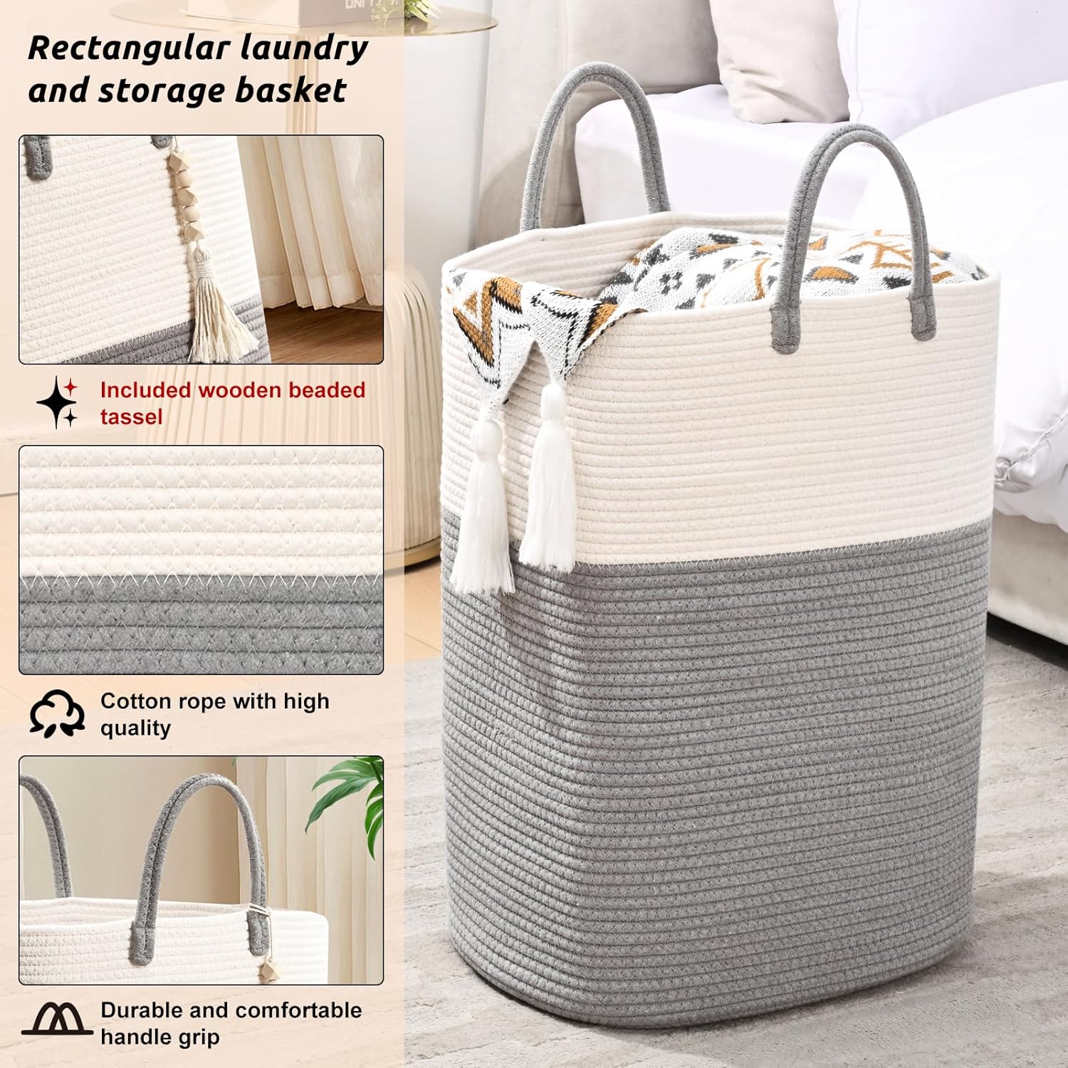 Woven Laundry Basket for Clothes, 100L Large Rectangle Laundry Hampers with Beads Tassel, Nursery Storage Basket for Toys, Tall Dirty Clothes Hamper for Bedroom Aesthetic, Laundry Room Organization