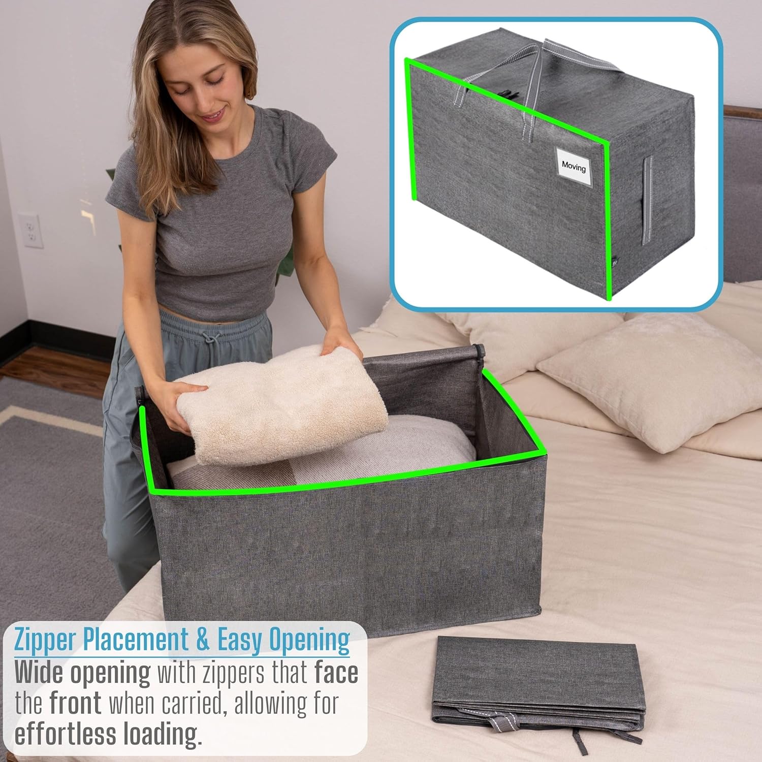 VENO 4 Pack Moving and Storage Bags, Heavy Duty, Alternative to Moving Boxes, Large Packing Totes Supplies for College Dorm Room with Zipper for Clothes, Wide Open Design (Dark Gray, 4 Pack)
