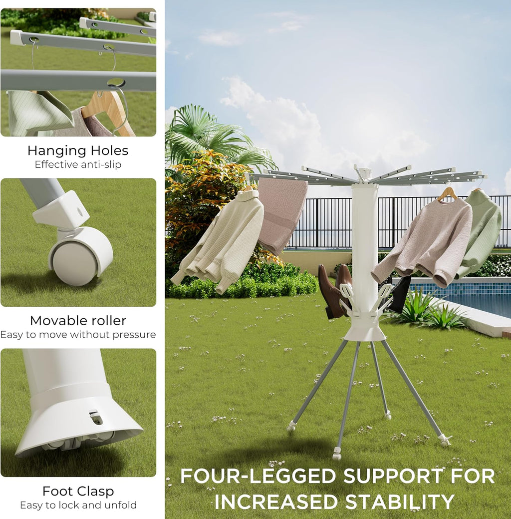 Clothes Drying Rack Foldable, Portable 4-Legged Laundry Drying Racks, Shoe Dryer Rack, Outdoor Collapsible Drying Rack Clothing with 4 Pulleys and Anti-Slip Holes, Aluminum Indoor Dry Rack