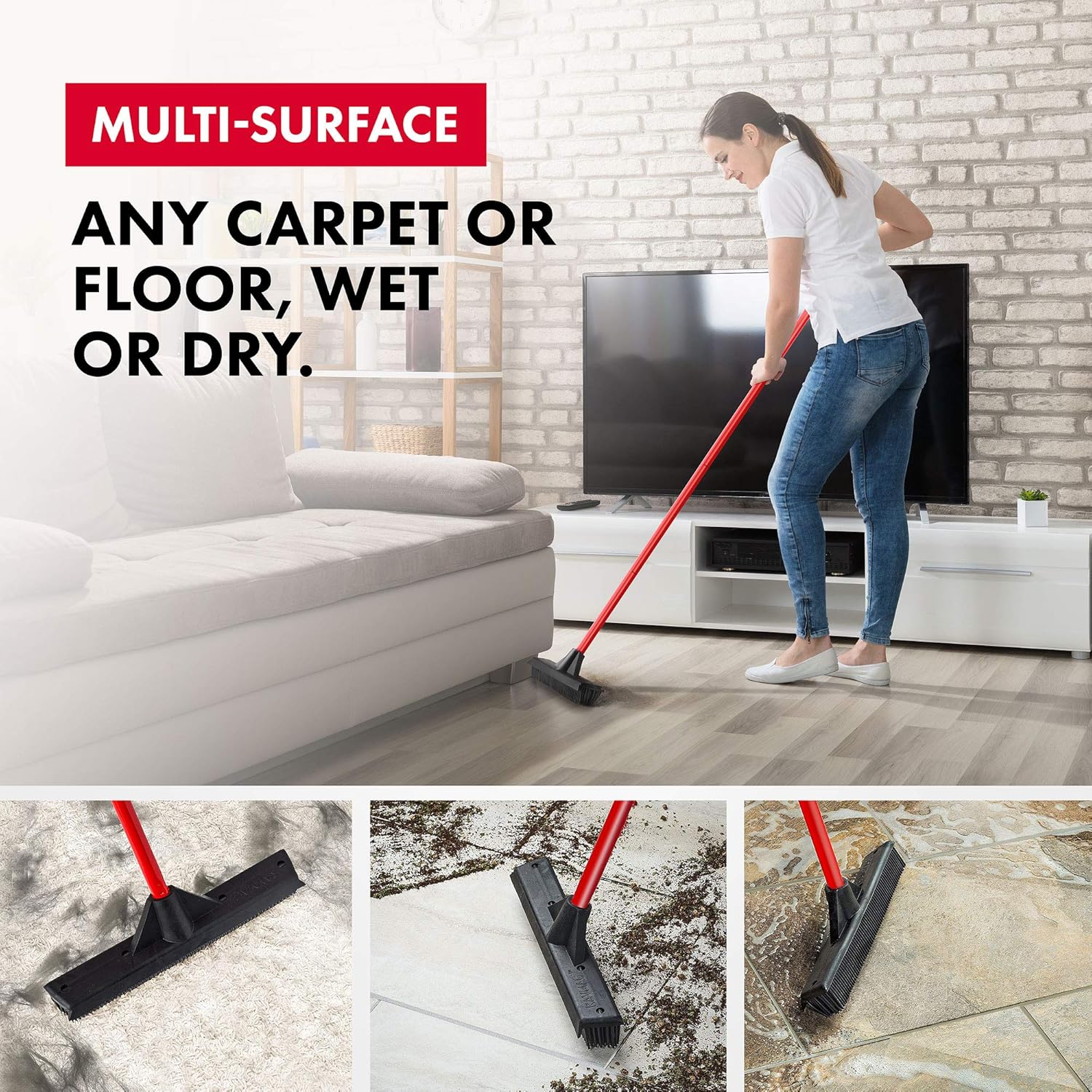 Pet Hair Remover Rubber Broom with Built in Squeegee - Carpet Rake for Pet Hair Removal on Hardwood Floor, Carpet & Tile - Picks Up More Dust & Debris - Rinse to Clean