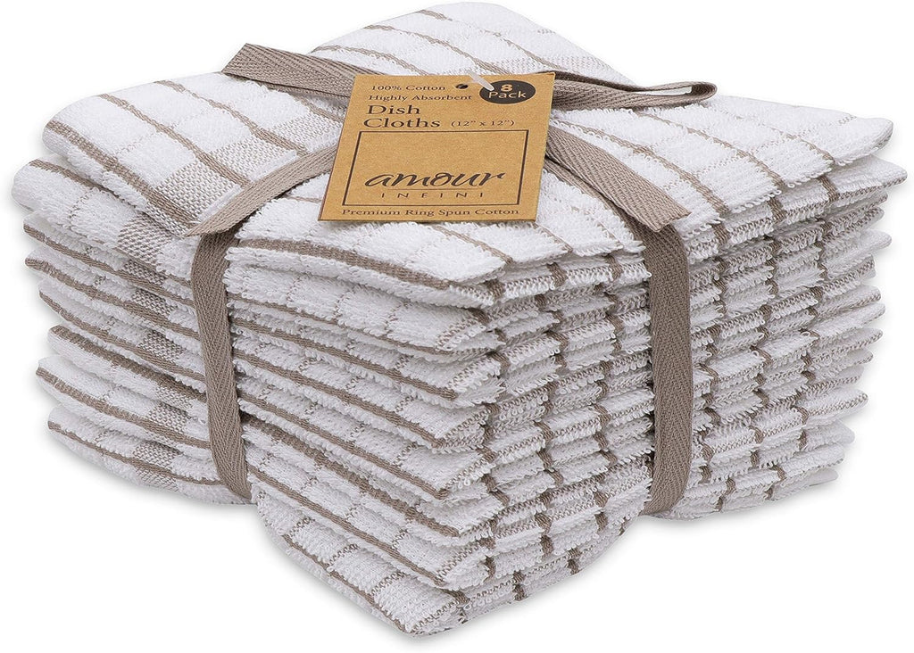 AMOUR INFINI Kitchen Dish Cloths Set of 8 - Ultra Soft, Highly Absorbent, Quick-Drying Terry Cotton Dishcloths 12"x12" Inch Wash & Cleaning Cloths for Kitchen & Dishwashing (Beige)