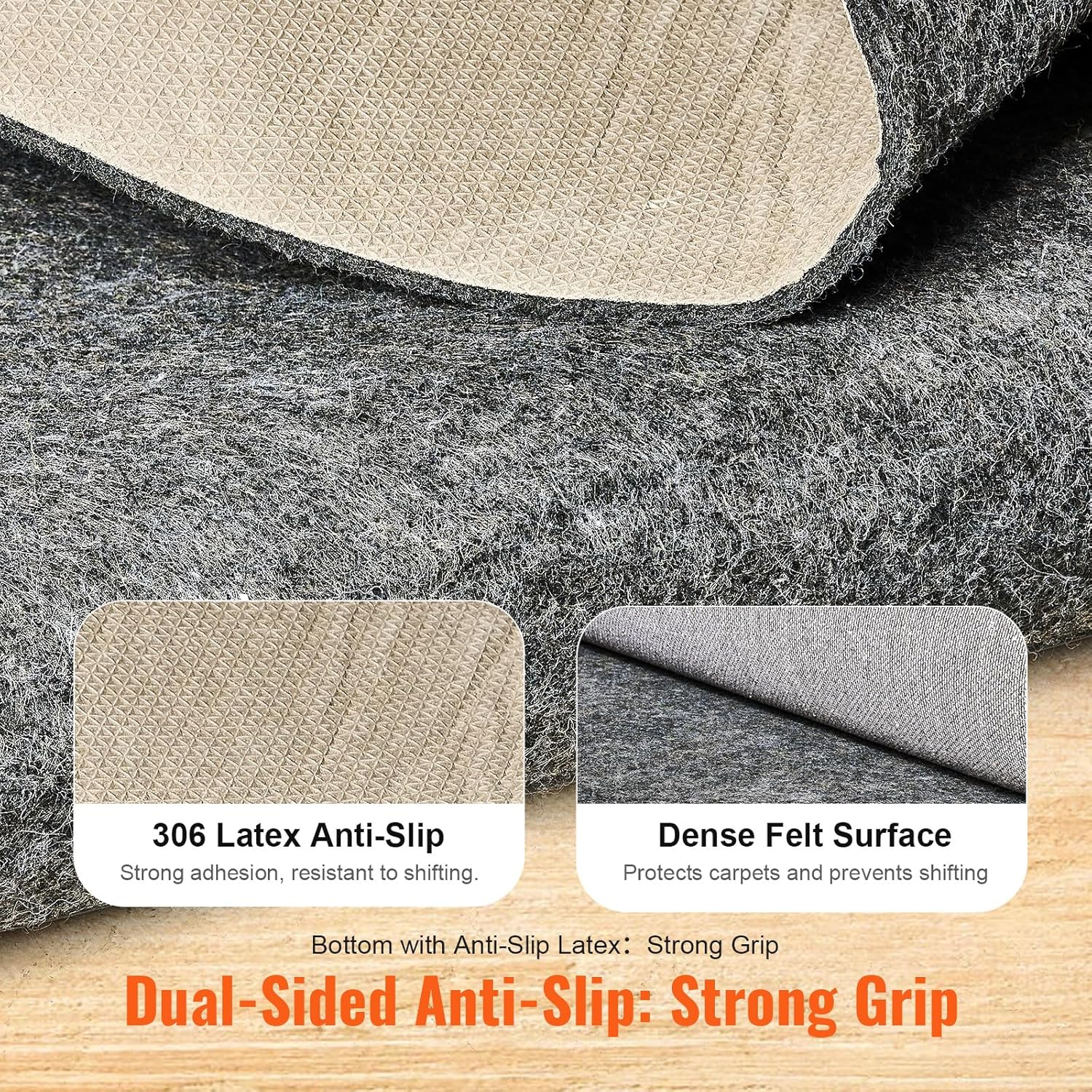 VEVOR - Slip-Resistant Rug Pad - Protective Cushioning Carpet Pad - 8' x 10' - 1/4" Thick - Dual Surface - Polyester Felt + Latex - Gray - 7-8㎡ Area Carpet Padding Rug Cushion Safe for All Floors