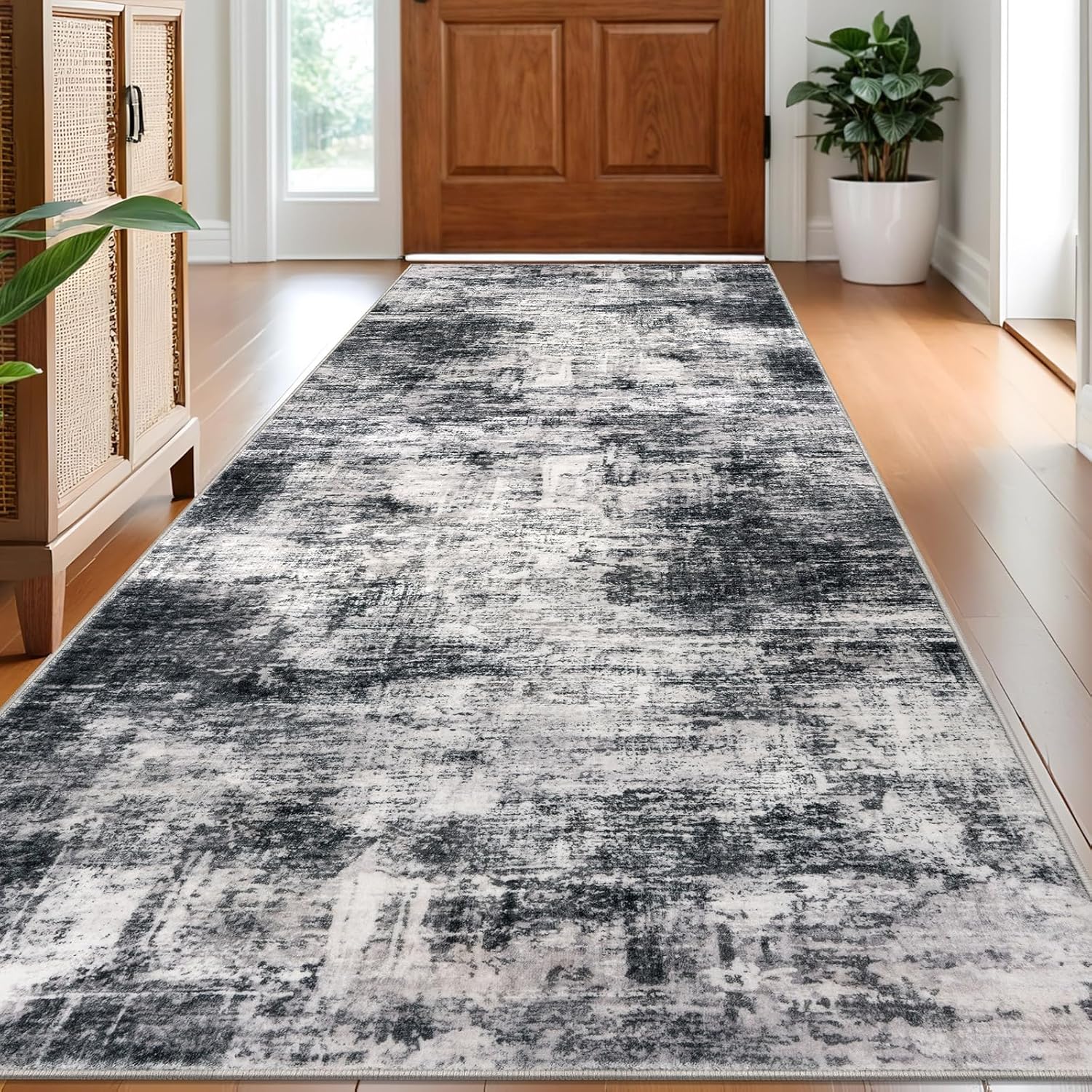 IOHOUZE Abstract Runner Rug 3x8 Ft Washable Runners for Hallways, Non Slip Kitchen Runner Printed Faux Wool Entryway Runner Indoor, Modern Abstract Floor Carpet for Hall Kitchen Bedroom, Black Grey