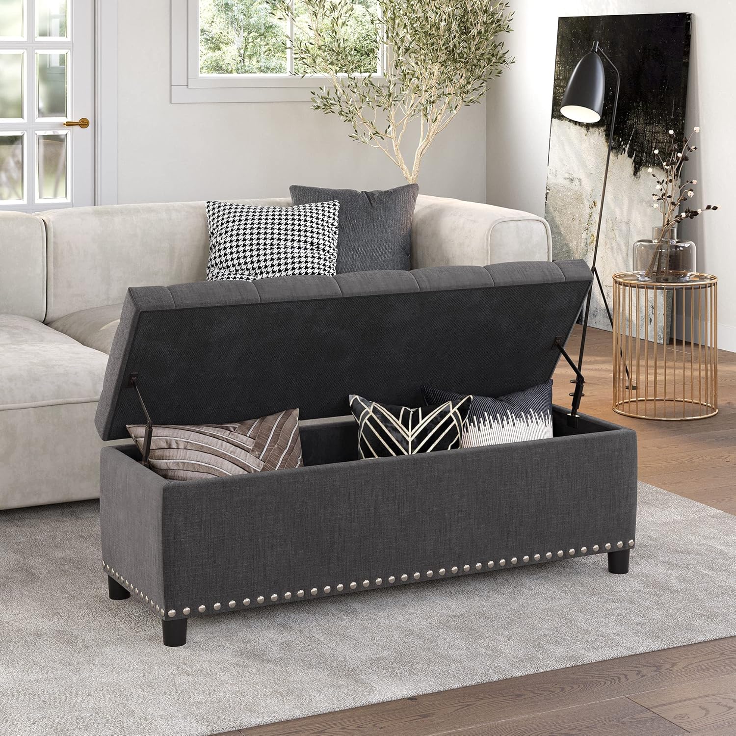 BELLEZE 47" Storage Ottoman, Storage Bench with Safety Close Hinge, Linen Button-Tufted Ottoman for Living Room, Entryway, Hallway, Foot Rest, Support 300lbs - Dark Gray