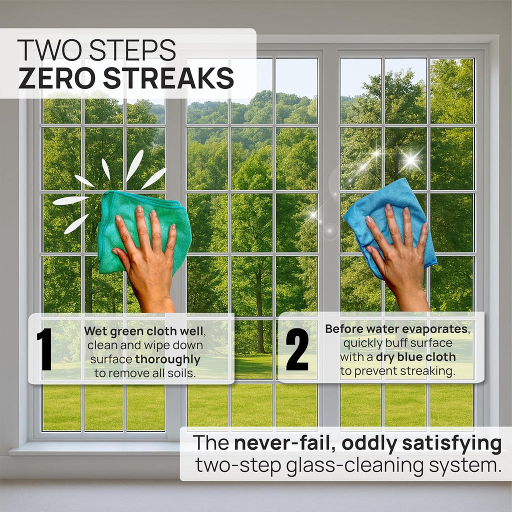 Claro 2 Step Glass Cleaning Cloth 8-Pack – Green Wet & Blue Dry Microfiber Towels Cleaning for Windows, Mirrors & Glass - Streak and Lint Free Cloth for Home, TV, Shower - Machine Washable