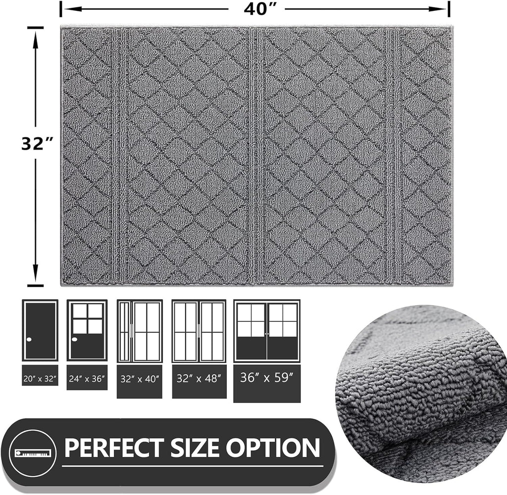 REFETONE Indoor Doormat, Front Back Door Mat 32"x40" Absorbent Rubber Backing Non Slip Door Mats, Low-Profile Resist Dirt Entrance Rugs, Machine Washable Door Rug Inside Floor Mat for Entryway, Grey