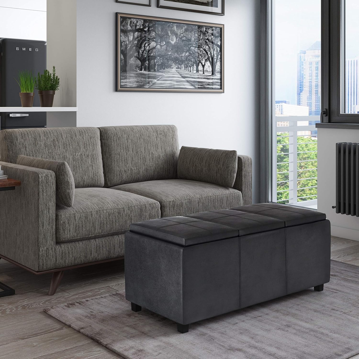 SIMPLIHOME Avalon 42 inch Wide Contemporary Rectangle Storage Ottoman in Distressed Black Vegan Faux Leather, Assembled, For the Living Room, Entryway and Family Room
