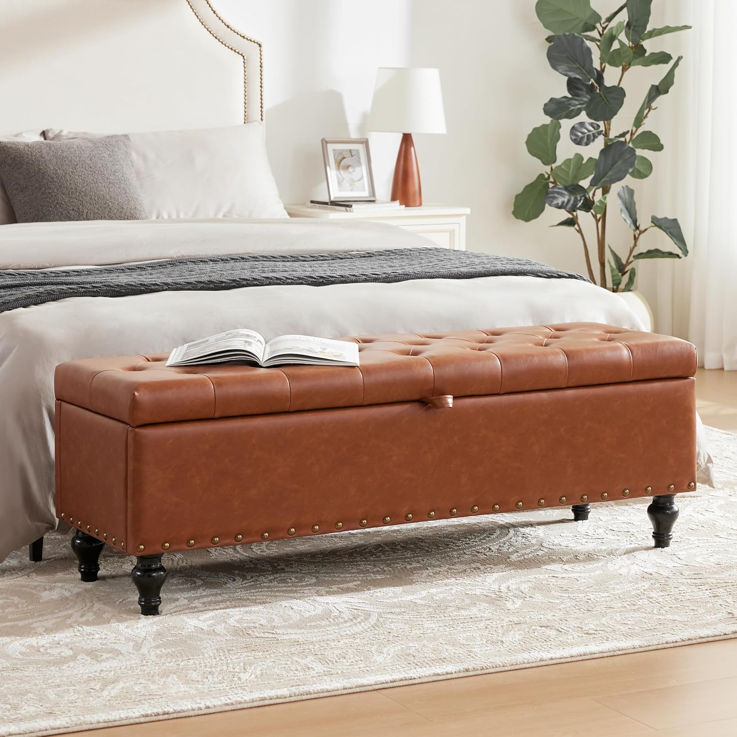 50" Storage Ottoman Bench, Tufted Ottoman with Storage for Living Room, Large End of Bed Ottomans, Modern Entryway Benchs, Window & Bedroom Benches for Foot of Bed (Brown)