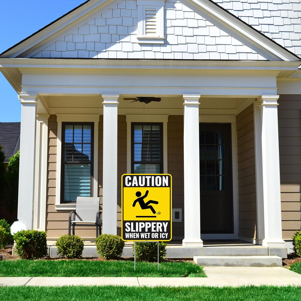 2PC Caution Slippery When Wet Or Icy Sign with Metal Stakes, 12 Inches by 9 Inches - Corrugated Plastic