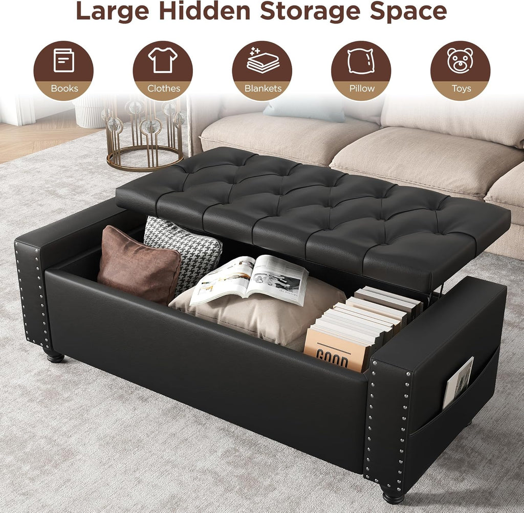 Maupvit Storage Ottoman Bench, 49 Inch Bedroom Bench, Upholstered Ottoman with Storage, Entryway Bench with Tufted Button, Faux Leather Window Bench for Bedroom, Living Room, Entryway, Hallway, Black