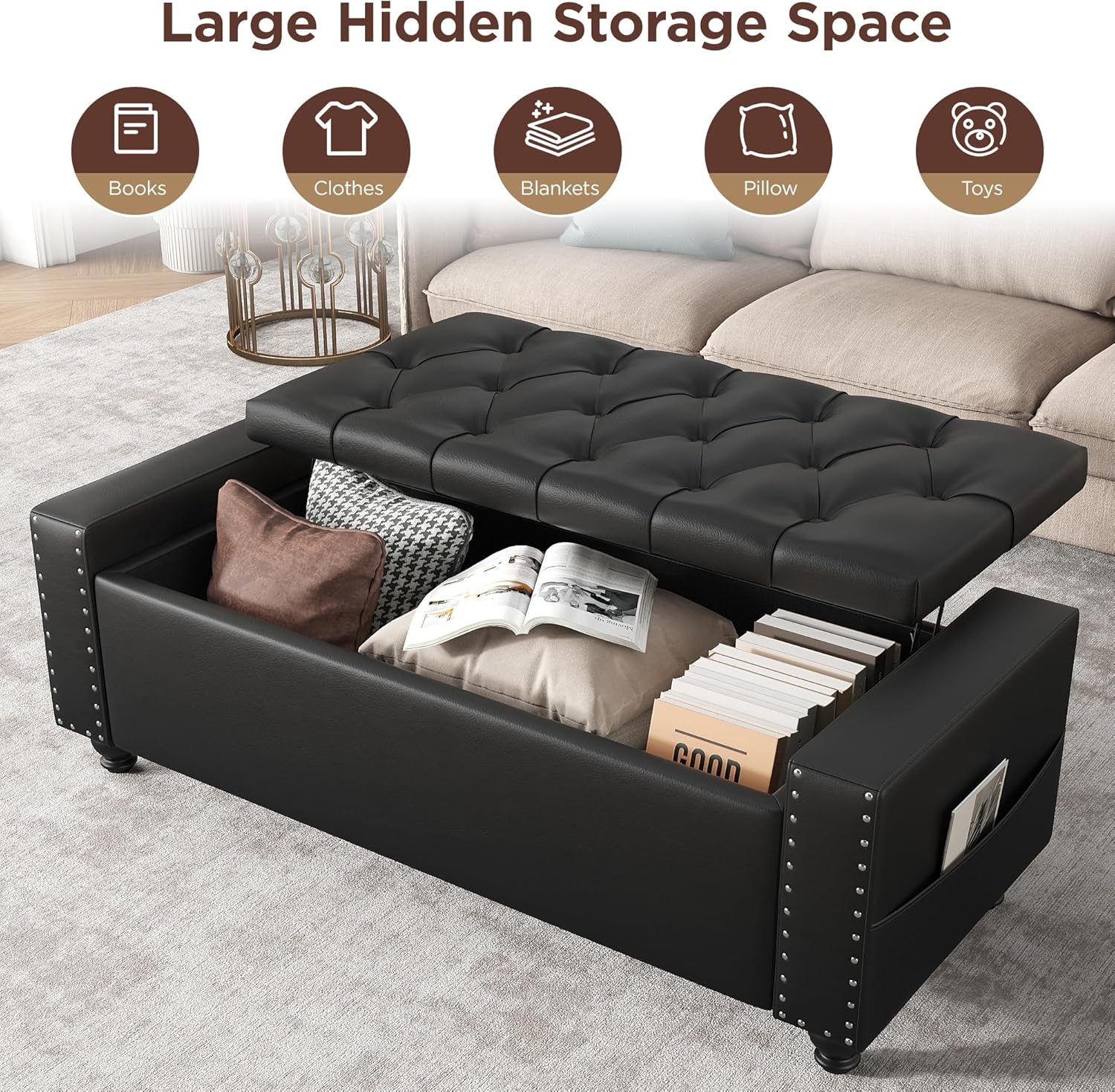 Maupvit Storage Ottoman Bench, 49 Inch Bedroom Bench, Upholstered Ottoman with Storage, Entryway Bench with Tufted Button, Faux Leather Window Bench for Bedroom, Living Room, Entryway, Hallway, Black
