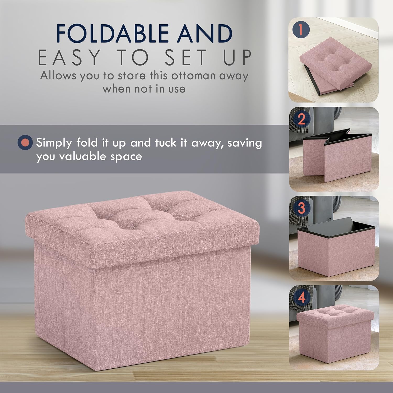 Ornavo Home Small Storage Ottoman Foldable Collapsible Rectangle Linen Ottoman Foot Rest Stool Seat, for Living Room, Bedroom, Home Office, Dorm - 12 x 16 x 12, Pink