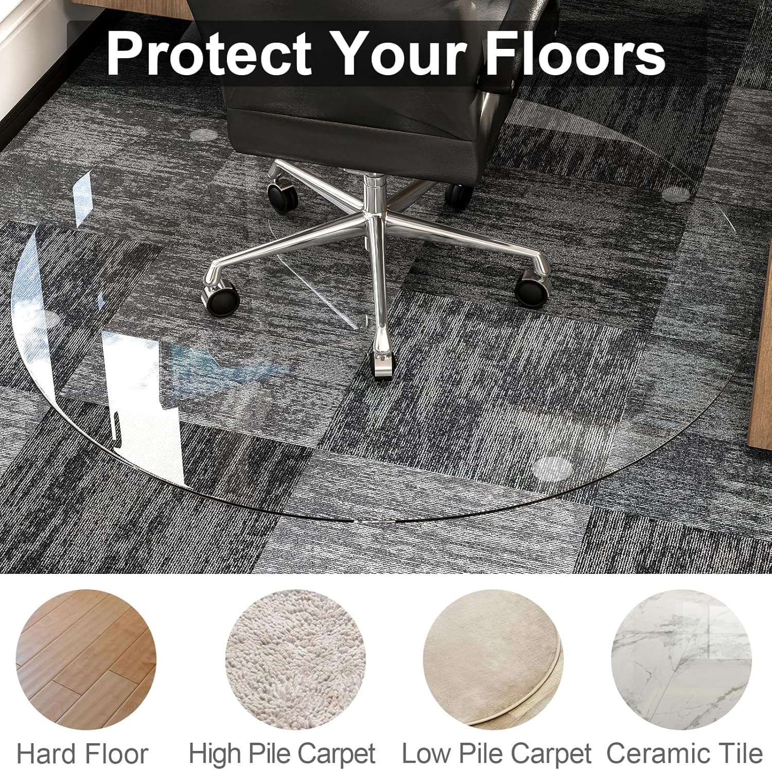 46" x 46" Glass Chair Mat, Round Tempered Glass Floor Mat for Chair on Carpet, Office Chair Mat for Hardwood Floor, Hard Floor Chair Mats for Office and Home, Transparent