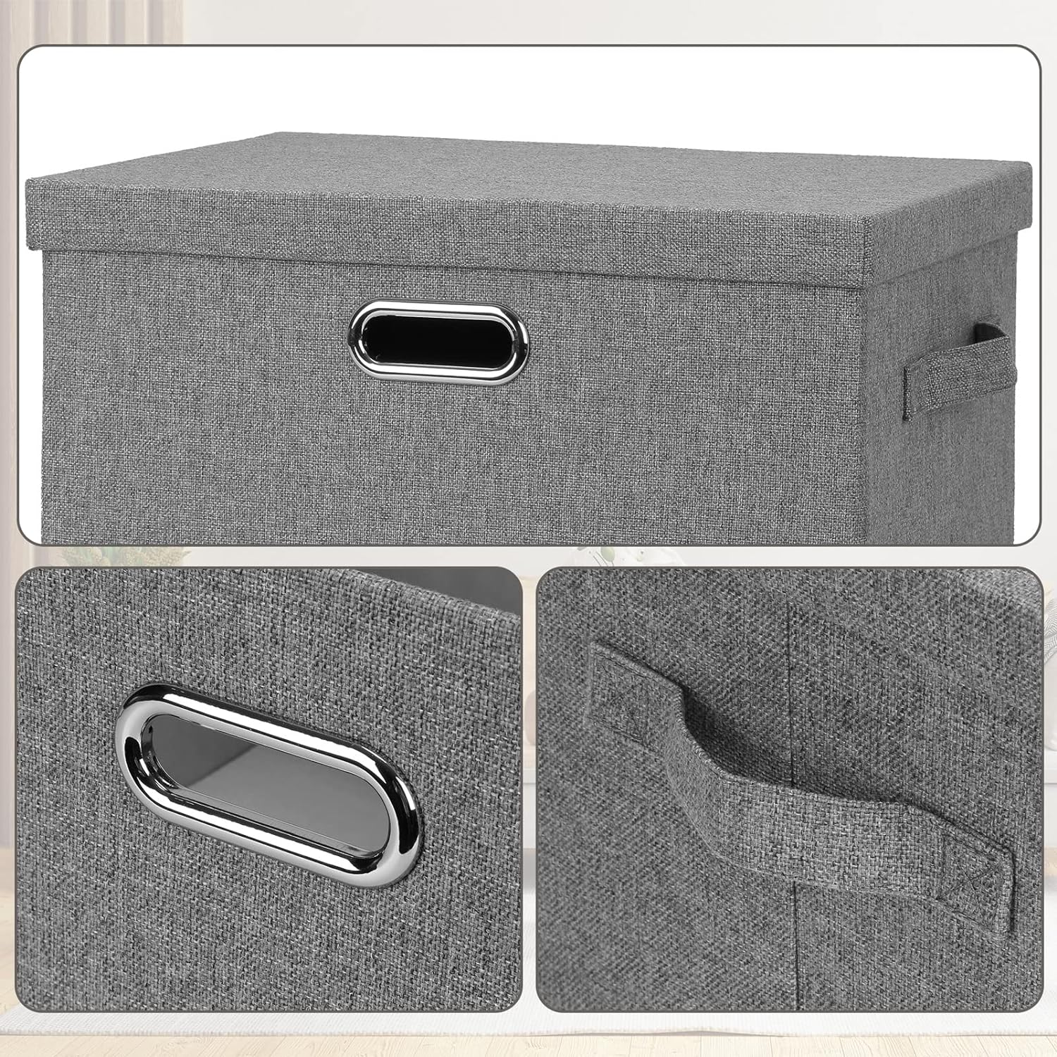 Large 17" 36 Quart Collapsible Stackable Storage Bins with Lids, 3 Packs Grey Linen Fabric Closet Boxes with Lids, Storage Cube Baskets Container Organizers for Bedroom Office(17 x12 x11)