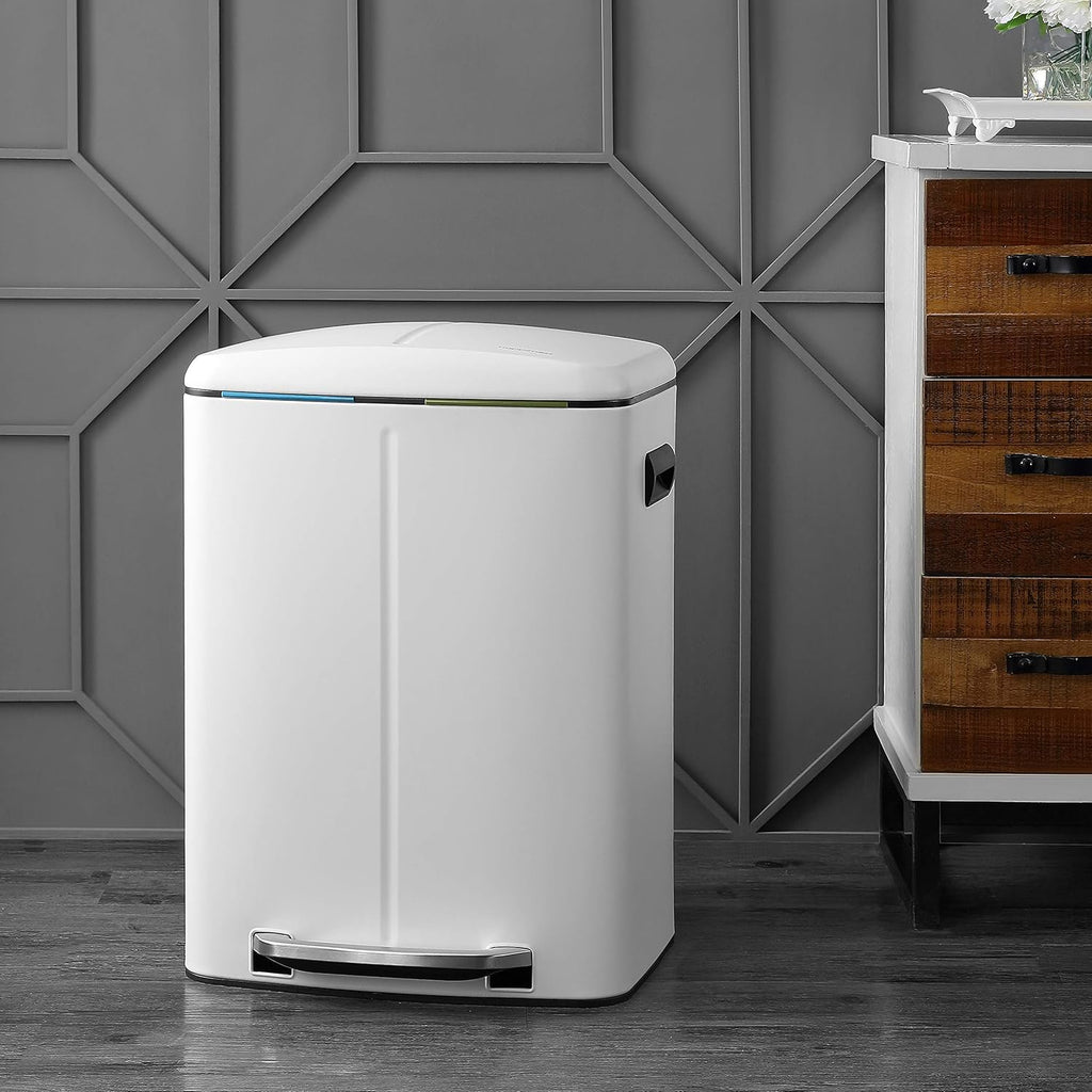 happimess HPM1005C Marco Rectangular 10.5-Gallon Double Bucket Garbage Can with Soft-Close Lid, White