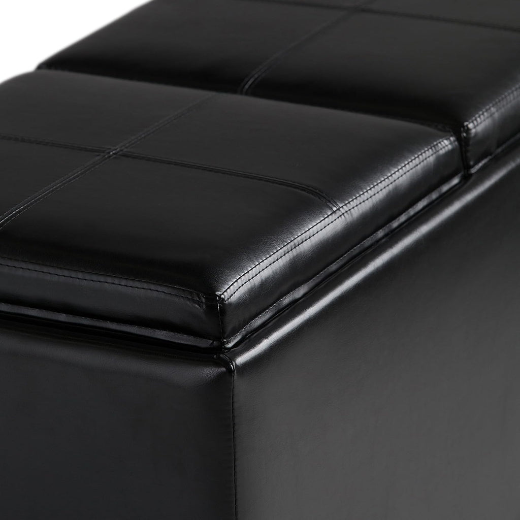 SIMPLIHOME Avalon 35 inch Wide Contemporary Rectangle 5 Pc Storage Ottoman in Midnight Black Vegan Faux Leather, Assembled, for the Living Room, Entryway and Family Room