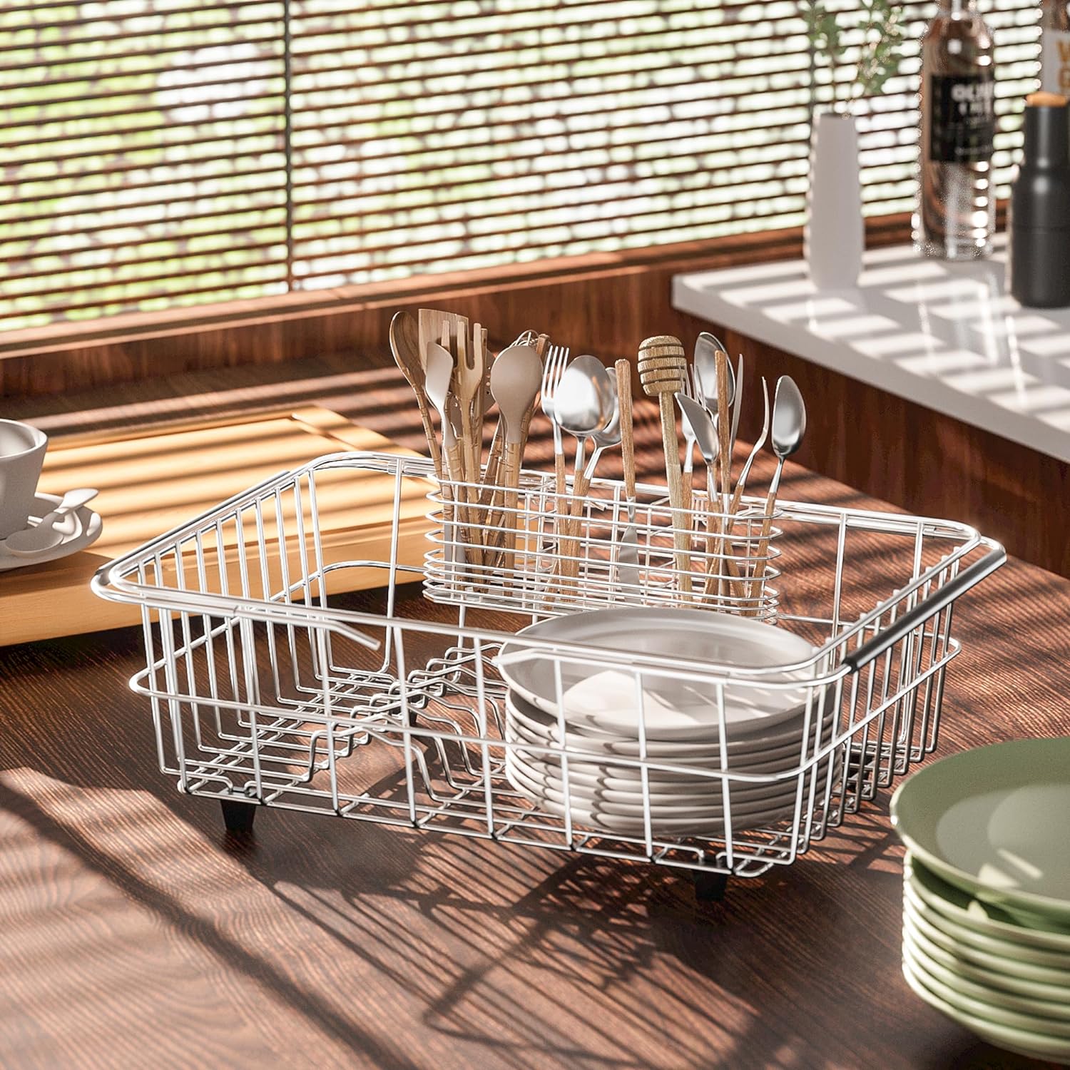 304 Stainless Steel Utensil Holder, Dish Drying Rack, kitchen Utensil Organizer, Knife and Fork Drainage Rack, Kitchen Drainage Basket Accessories, With Hooks, Rust Proof, Color-Silver
