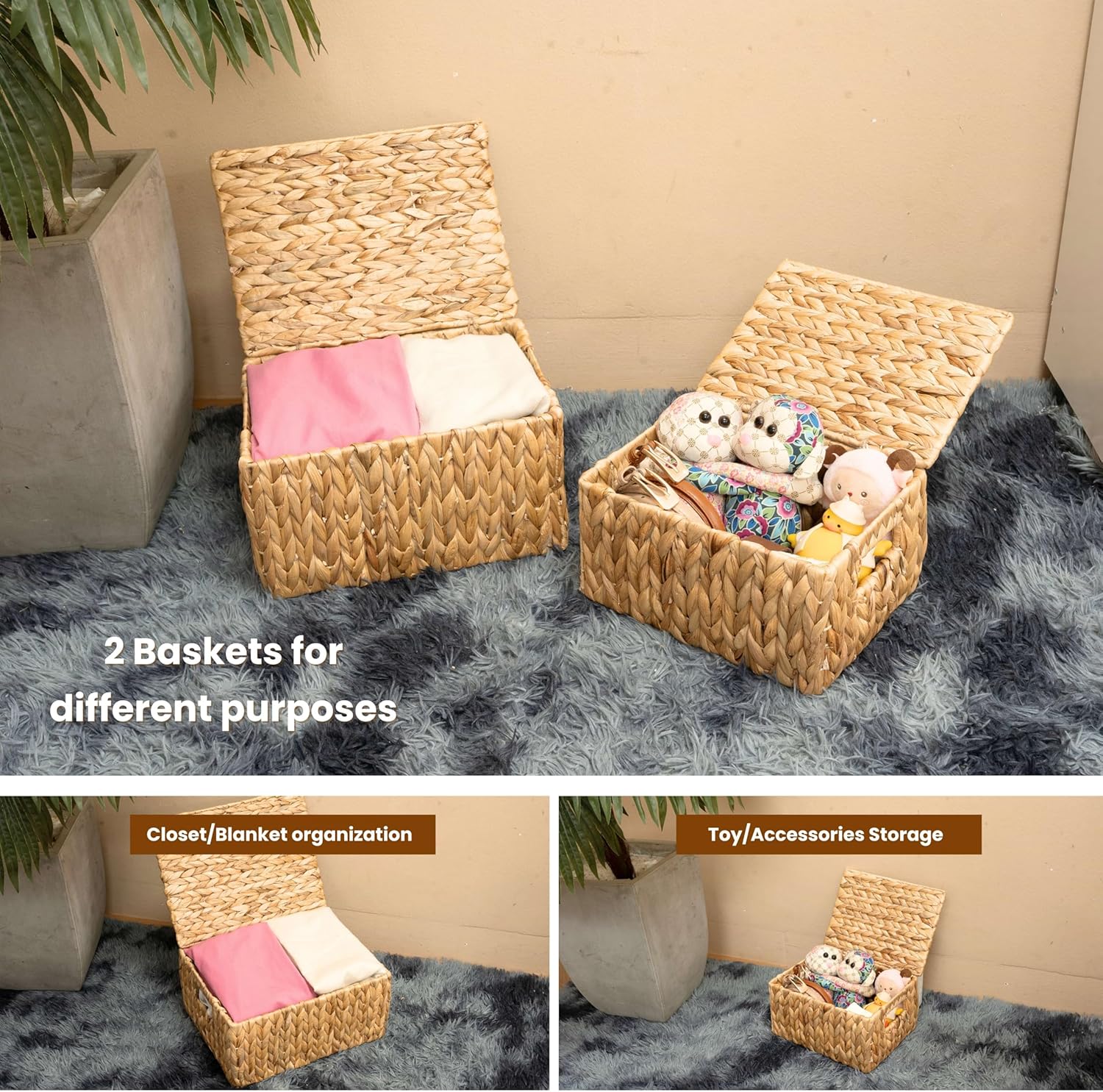 Wicker Storage Baskets with Lid, Set 2 Basket With Lid Decorative Storage Rectangle Wicker Storage Basket With Lid Large Rattan Storage Box Hyacinth Baskets