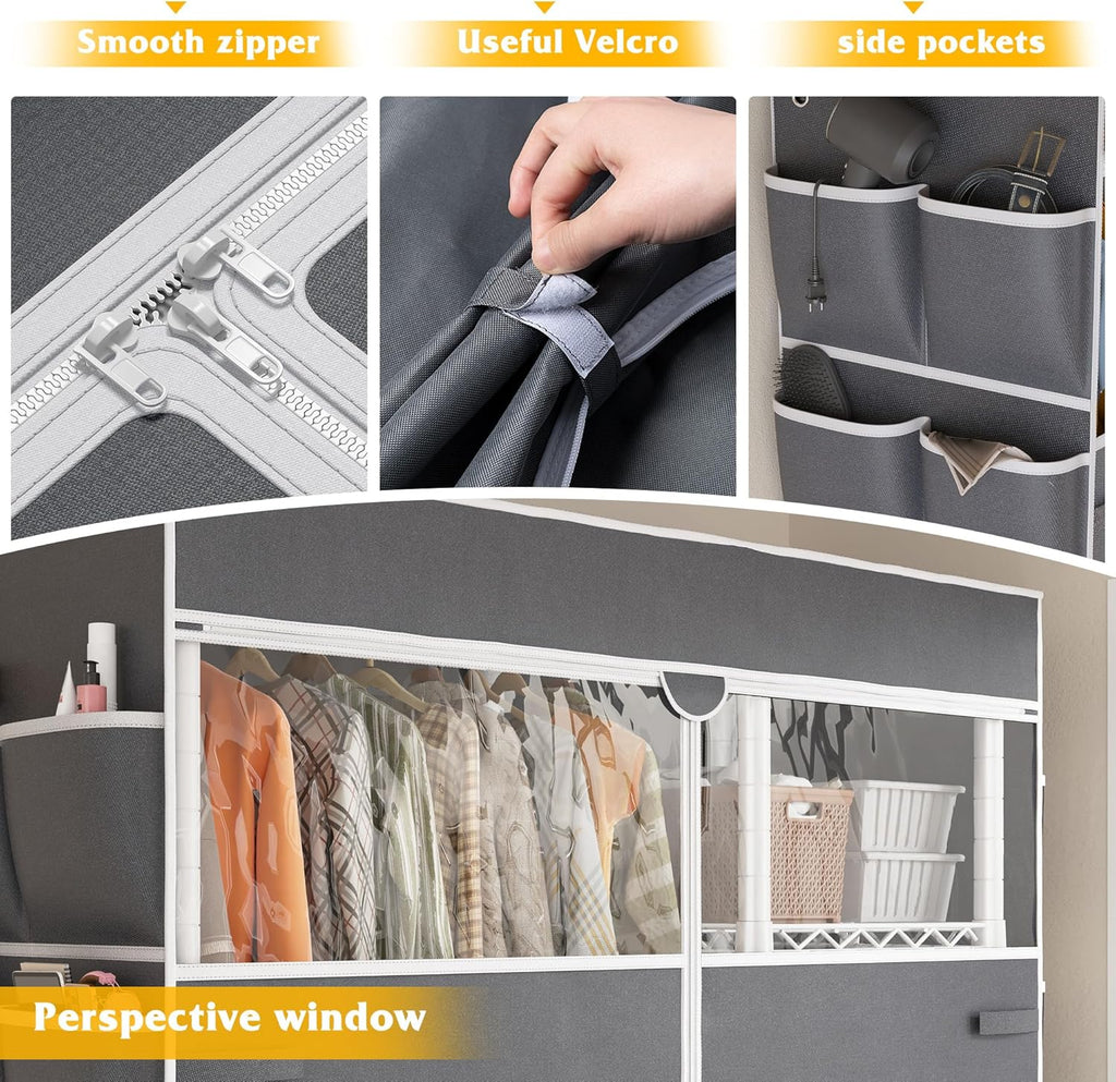 Raybee Clothes Rack with Cover,Clothing Racks for Hanging Clothes with Wheels and Adjustable Feets,Rolling Heavy Duty Garment Rack,White