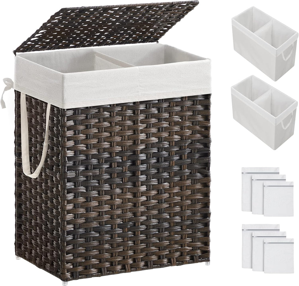 SONGMICS Laundry Hamper with Lid, 90L Clothes Hamper with 2 Removable Liner Bags, 6 Mesh Bags, Wicker Laundry Basket, Double Laundry Hamper for Bathroom, 13 x 18.1 x 23.6 Inches, Brown ULCB251K01V1