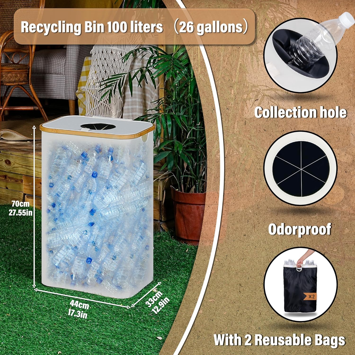efluky Recycling Bin 100L, 26 Gallon Recycle Bins for Kitchen Indoor Outdoor Home with 2 Removeable and Reusable Inner Bag, Tall Recycle bin for Bottle Can Plastice Stickers (Beige)