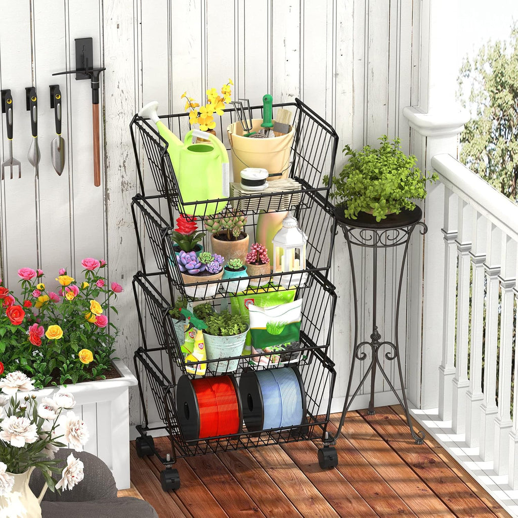 PUSDON Stackable Metal Storage Carts, Dual Use Shelf for Kitchen Fruit Vegetable Baskets with Wheels, Storage Rack for Living Room, Home & Office, Standard Black 4 Tiers