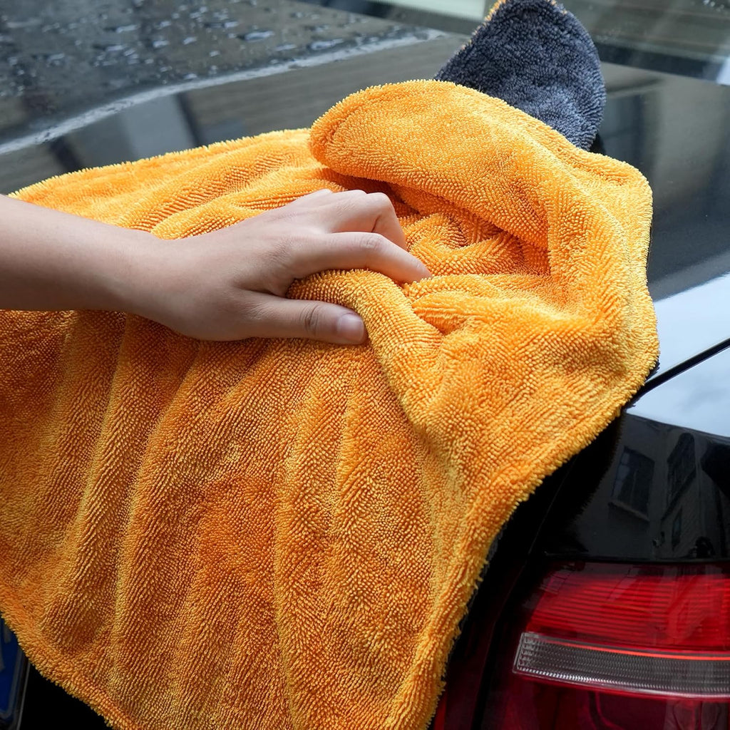 Greenfound Microfiber Towel for Cars, 1000GSM Car Drying Towel, Double Twist Pile & Edgeless Design, No Streaks, Scratches, or Water Spots, Soft and Absorbent, 18"×24", Yellow&Grey
