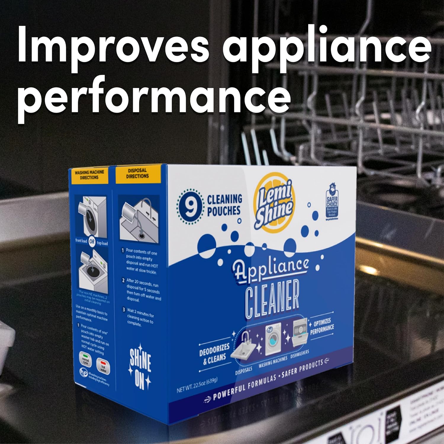 Lemi Shine Appliance Cleaner & Deodorizer - Dishwasher, Washing Machine, and Garbage Disposal Citric Acid Cleaner - 22.5 oz (9 Pack)