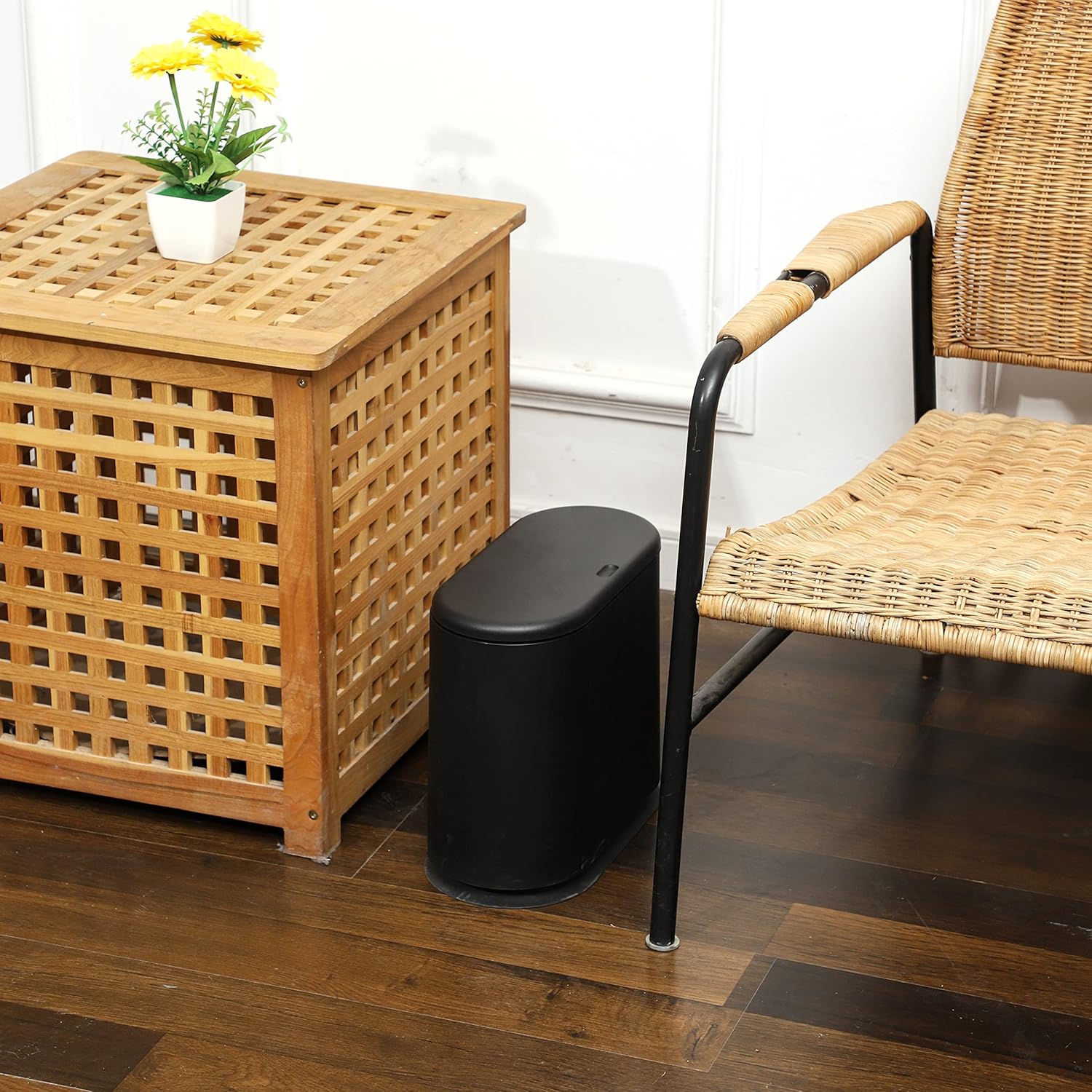 Black Slim Bathroom Trash Can with Press Top Lid,12 Liter Small Thin Garbage Can,3.17 Gallon Narrow Dog Proof Plastic Waste Basket and Covered Wastebasket for Room,Bedroom,Kitchen,Toilet,Office,Dorm