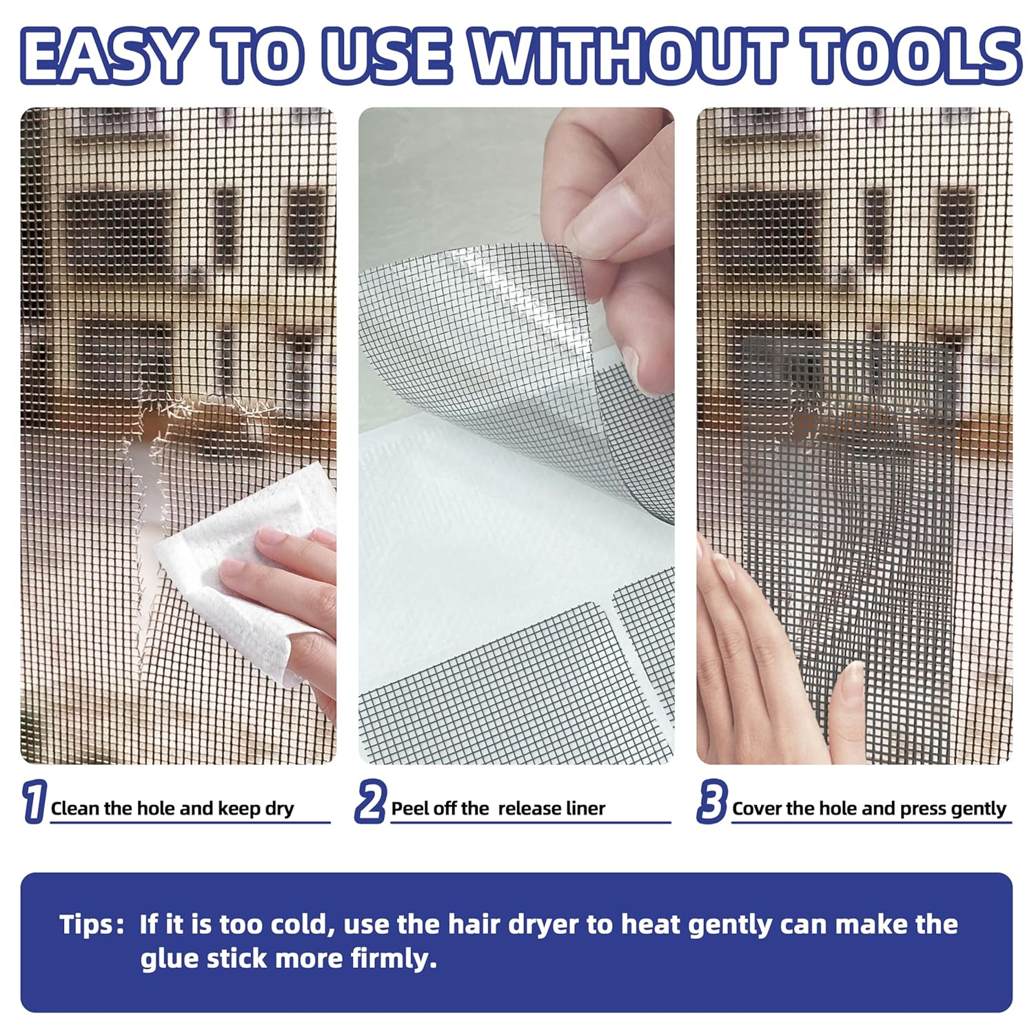 KING MOUNTAIN 20 Sheets Black Window Screen Patches, 44 in Repair Kit for Tears & Holes, Strong Adhesive Mesh Tape, Quick & Waterproof
