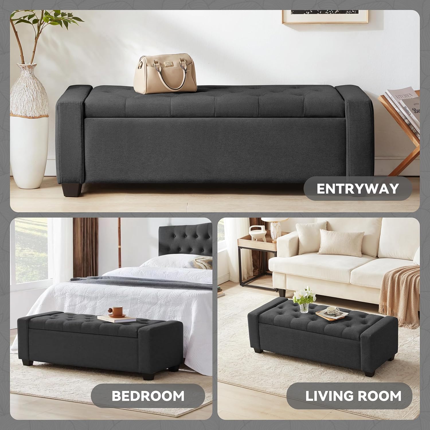 48" Ottoman with Storage, Soft Storage Ottoman Bench for Bedroom, Tufted Upholstered Window Benches, End of Bed Bench for Living Room, Entryway Bench with Seating, Foot Rest, Darkgrey