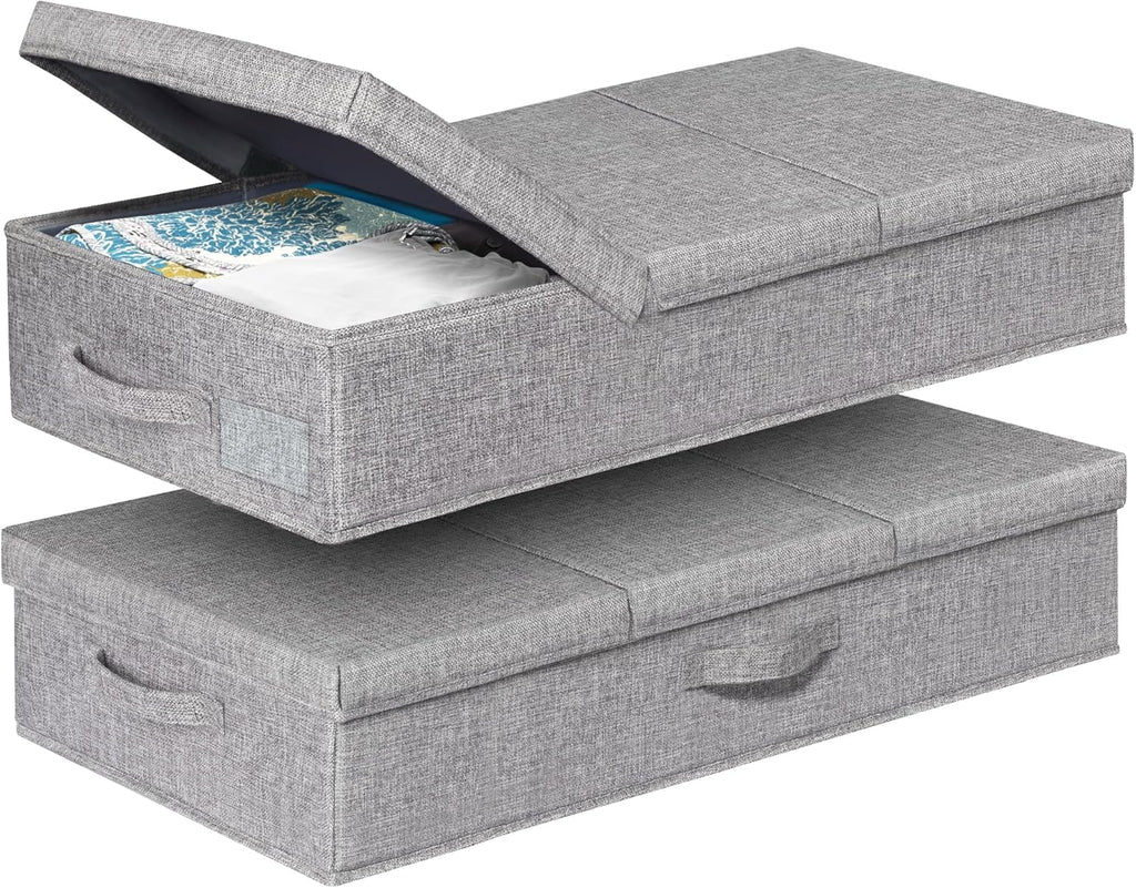punemi Under Bed Storage With Lids, 2 Pack Large Underbed Storage Containers Clothes W/ 3 Handles, Foldable Low Profile Stackable Drawer Organizer Bins Box for Blanket Shoe Bedroom, 31.1*15.7*6inch