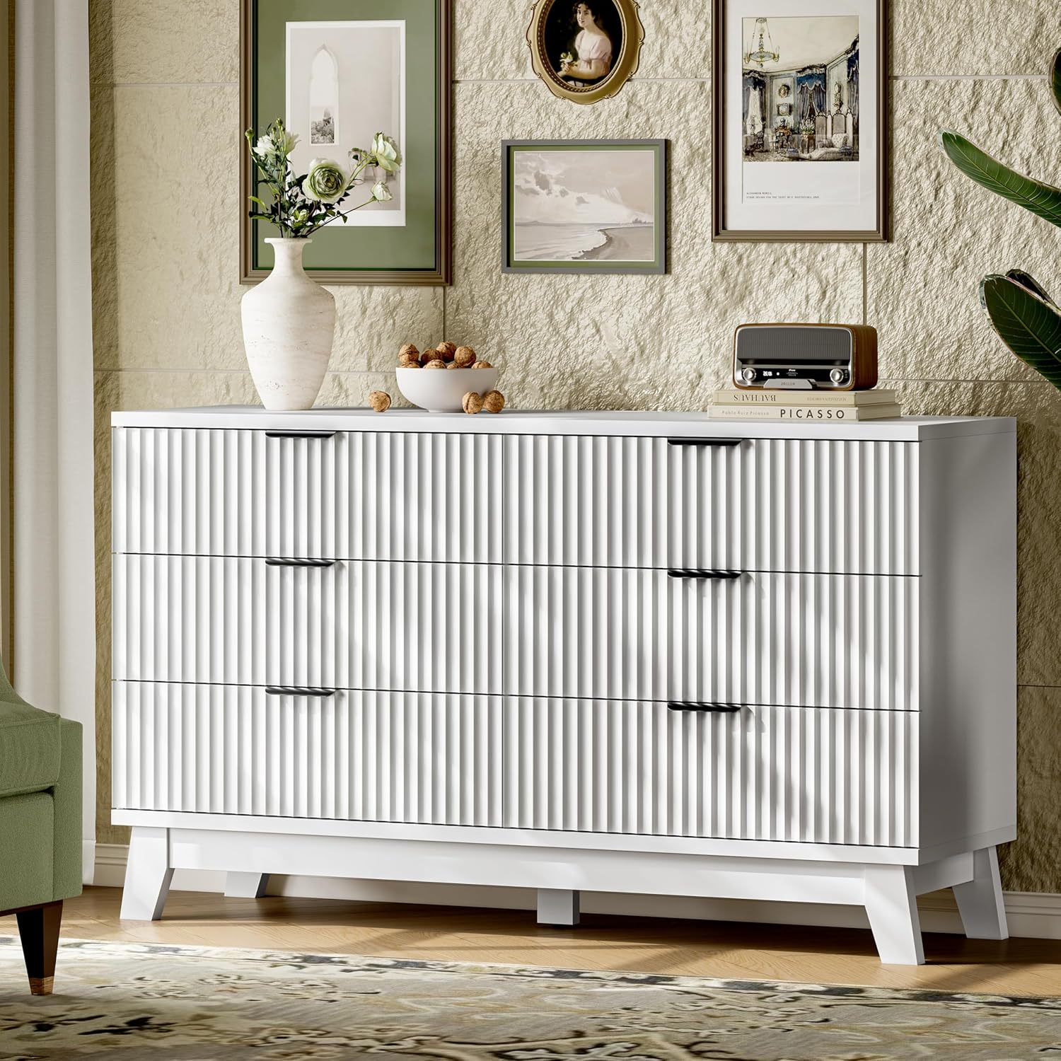Fluted Dresser with 6 Drawers, 54" Wide Modern Chest of Drawers with Metal Handle, Wooden Dresser TV Stand, Wood Closet Clothes Storage Organizer for Bedroom, Living Room, Hallway, Solid White