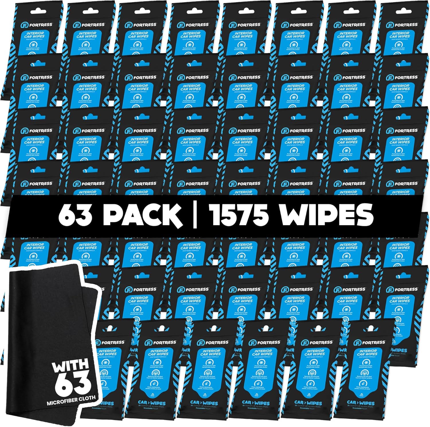 Fortress Car Interior Wipes with Microfiber Cloth (25 ct, Pack of 63) for Car Interior Cleaning, Dashboard, Seats, Detailing, and Steering Wheel [Travel Size] Skin-Safe Car Interior Cleaner Supplies