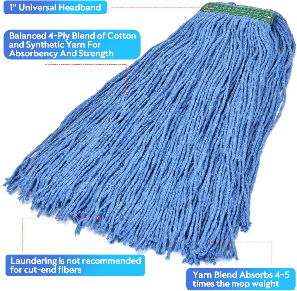Matthew Cleaning 24oz 6Pack Cotton Floor Mop,Cotton Looped-Open String Heavy Duty String Refills, Universal Headband Blend Refill,Mop Head Replacement for Home, Industrial and Commercial Use(Blue)