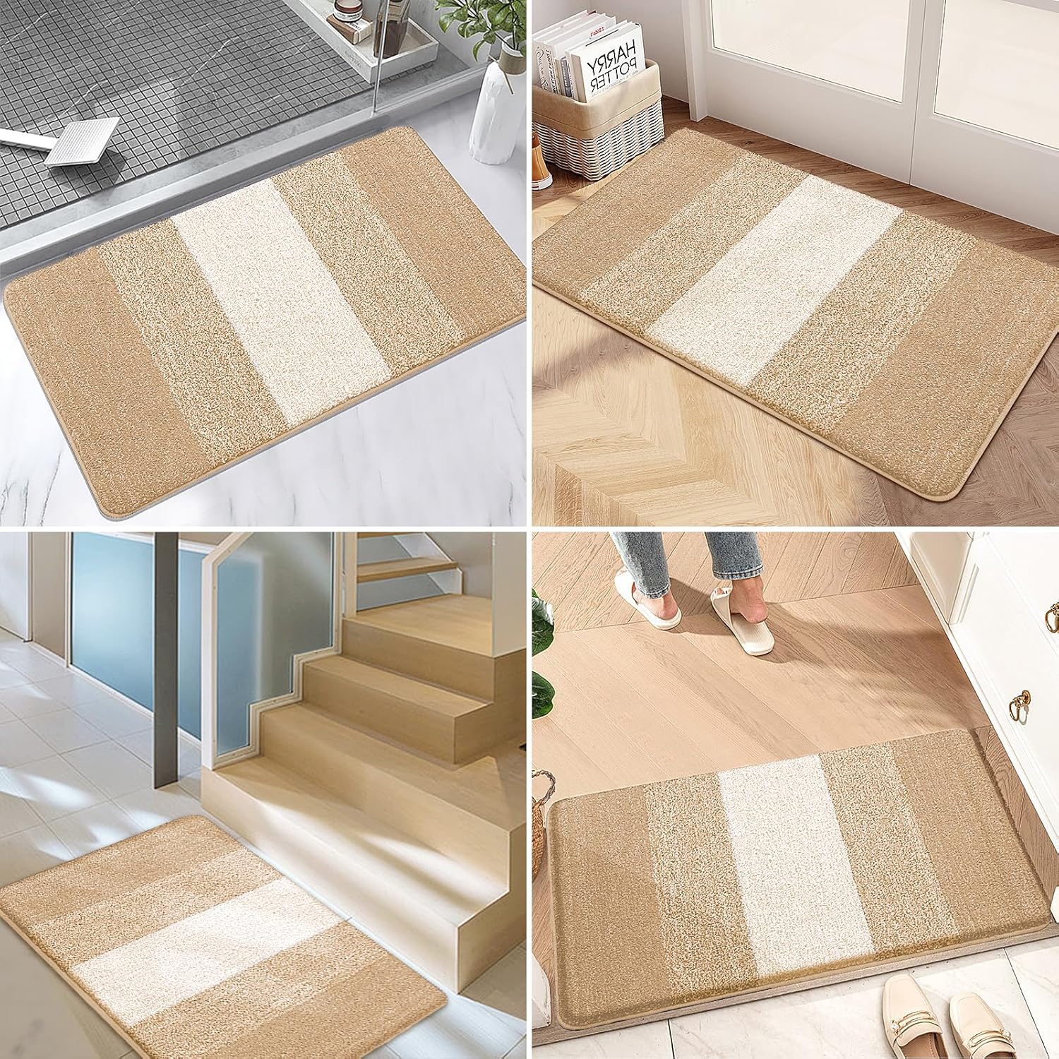 Kitinjoy Indoor Outdoor Door Mat, 30x17 Non-Slip Absorbent Dirt Trapper, Low-Profile Washable Inside Entrance Front Floor Mat, Sturdy Soft Entry Doormats for Entryway, Beige