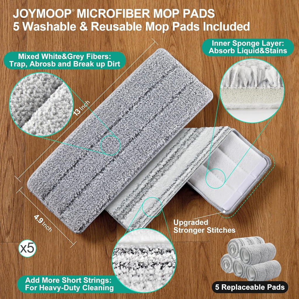 JOYMOOP Mop and Bucket with Wringer Set, White Flat Squeeze Mop Bucket Set for Floor Cleaning, Wet Dry Mop for Walls, Wall Cleaner with Long Handle, Hardwood Floor Mop-5 Microfiber Cloths
