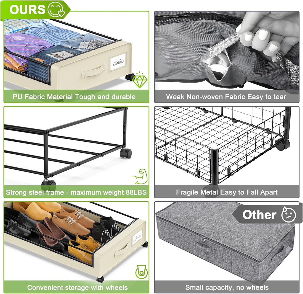 Under Bed Storage with Wheels, Under the Bed Storage Containers with Clear Lids & Label, Underbed Storage Bins, XXL 60L Rolling Metal Drawer for Clothes, Shoes, Toys, Books (4-Pack Beige)