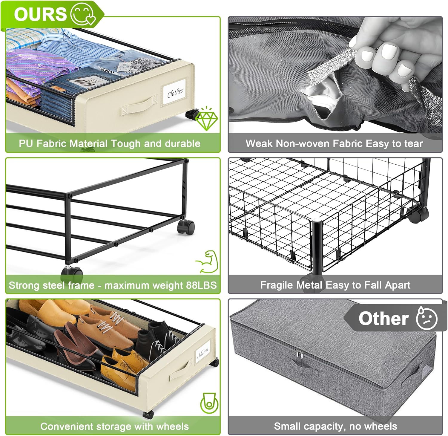 Under Bed Storage with Wheels, Under the Bed Storage Containers with Clear Lids & Label, Underbed Storage Bins, XXL 60L Rolling Metal Drawer for Clothes, Shoes, Toys, Books (4-Pack Beige)