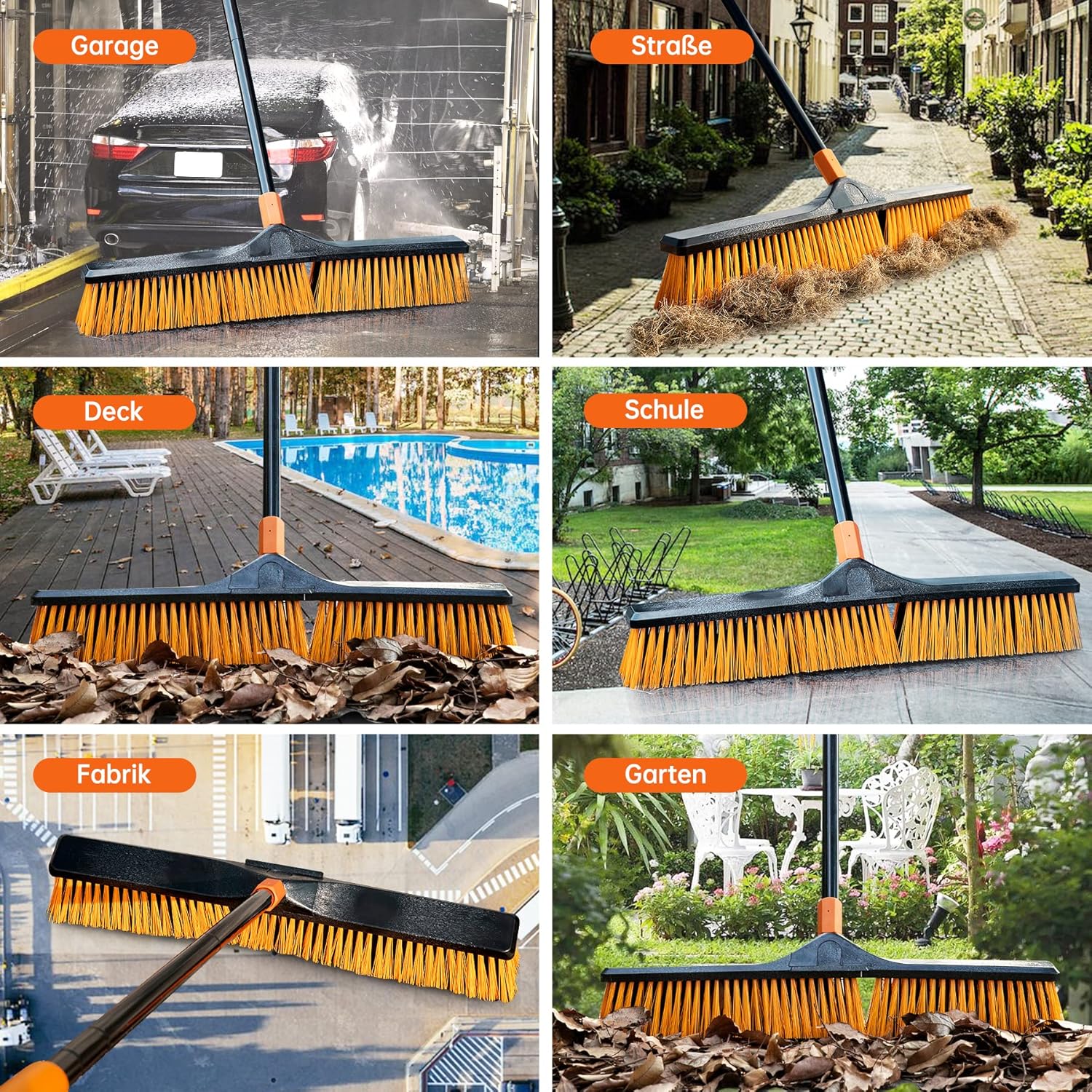 24”Push Broom Brush for Floor Cleaning with 65” Long Handle and Stiff Bristles, Heavy Duty Brush for Shop, Deck, Garage, Concrete,Indoor and Outdoor Broom 2 Set,Orange