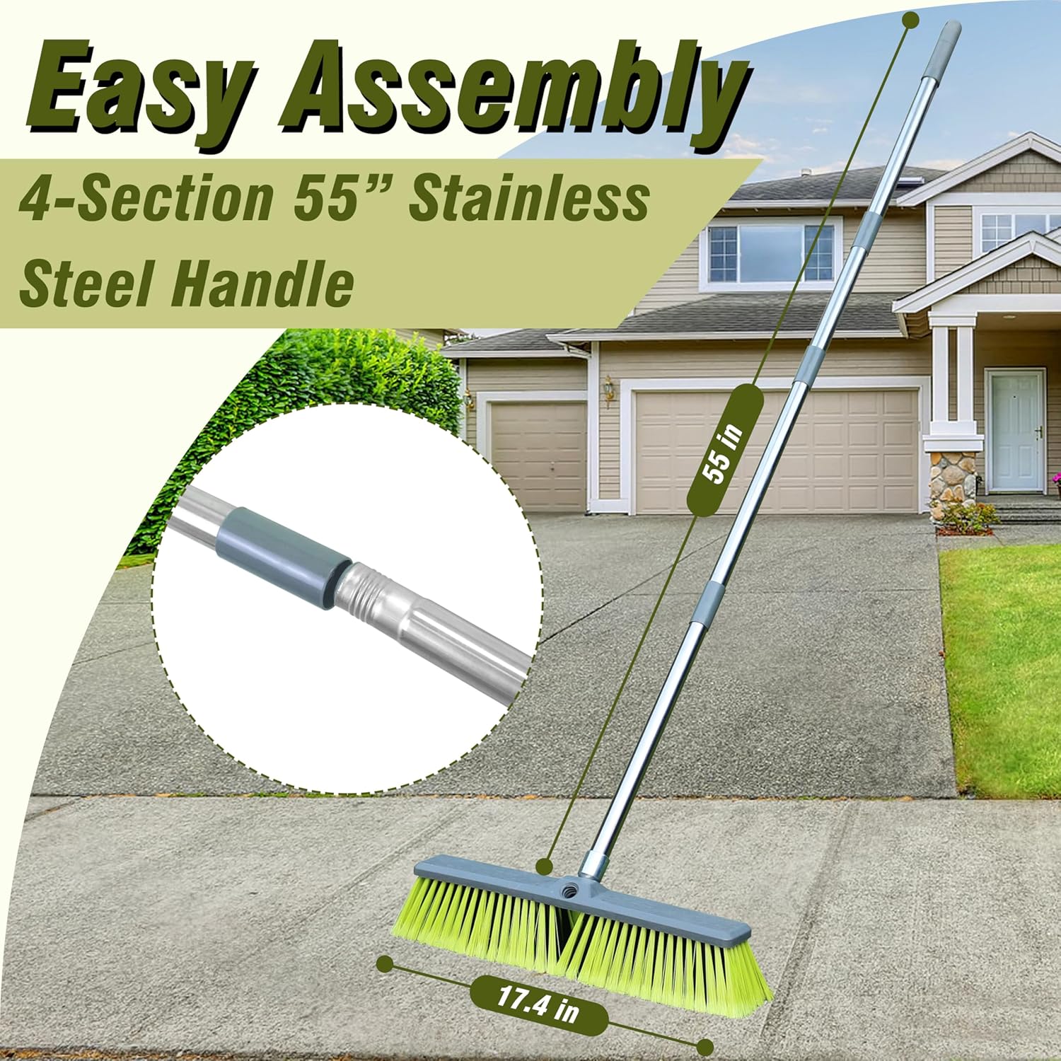 PHYEX Upgraded 18" Push Broom with Adjustable Long Handle, Total Length is 55", Multi-Surface Floor Scrub Brush for Cleaning Deck, Patio, Garage, Driveway