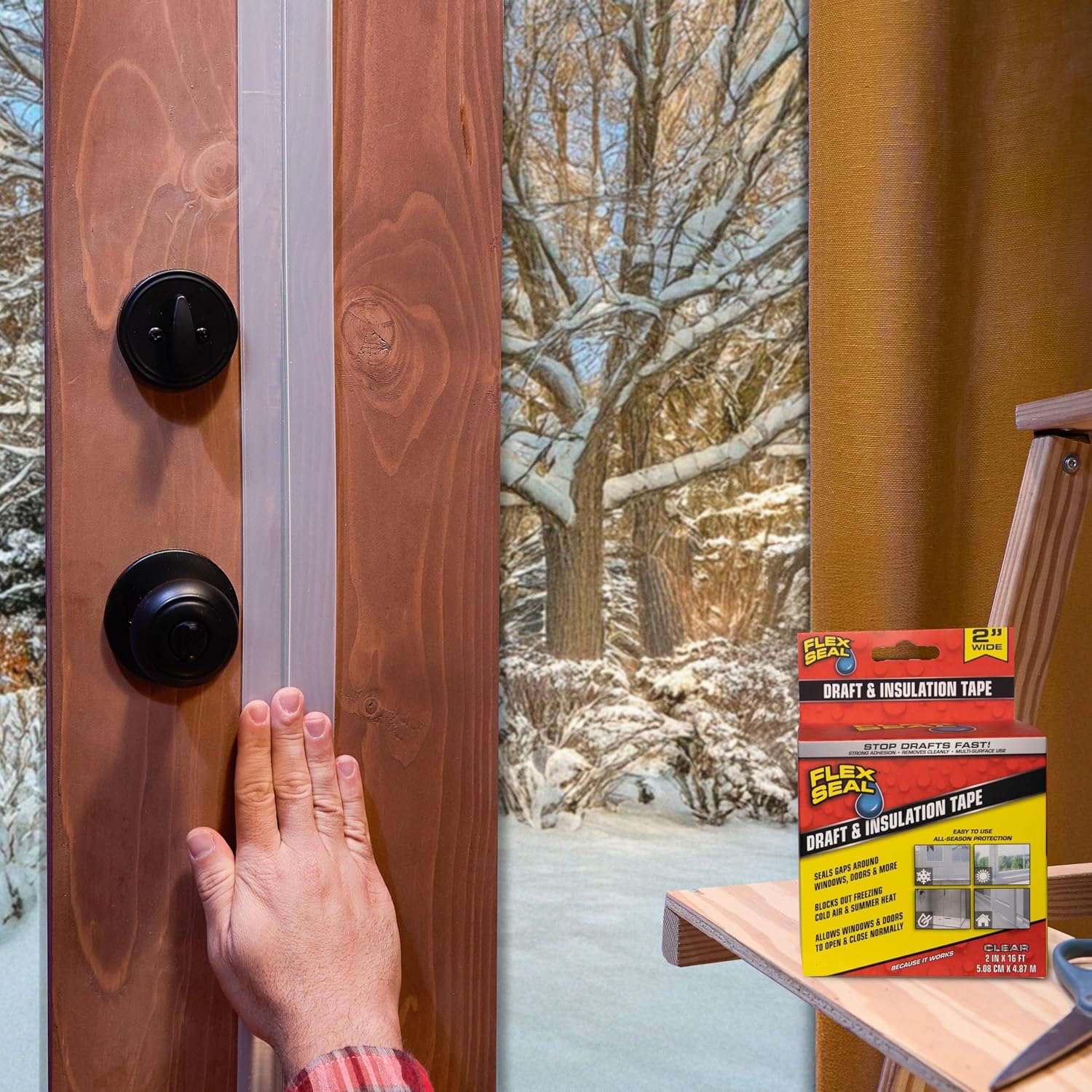 Flex Seal Draft and Insulation Sealing Tape, Flexible, Rubberized, Weatherproof Strip for Windows, Doors, Vents, Works on Wood, Glass, Tile, Metal, Plastic, Fiberglass, Clear, 2 in x 16 ft, Pack of 1