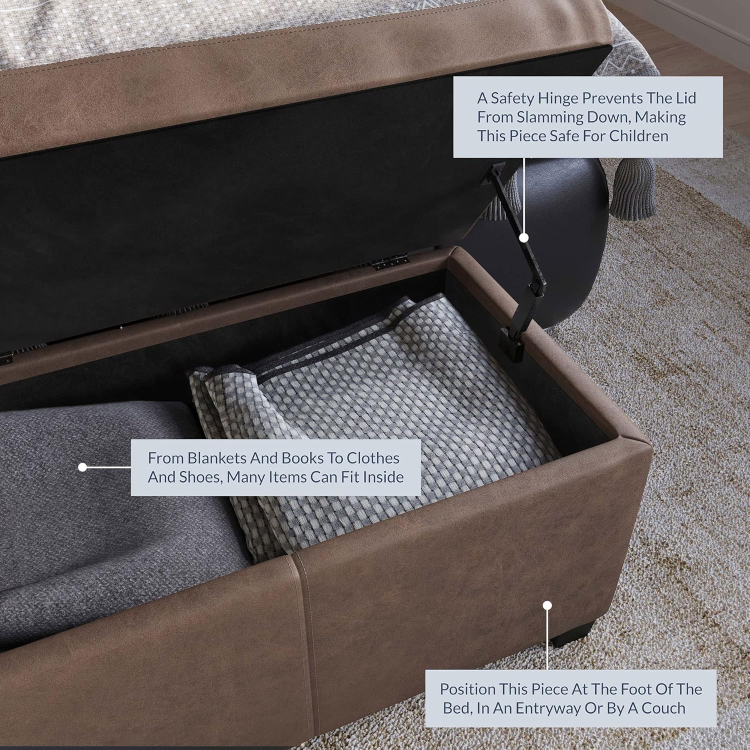 BELLEZE Storage Faux Leather Ottoman, 47 Inch Bench Bedroom Bench with Safety Close Hinge, Extra Long Ottoman with Storage for Living Room, Entryway, Foot Rest, Support 300lbs - Rustic Brown