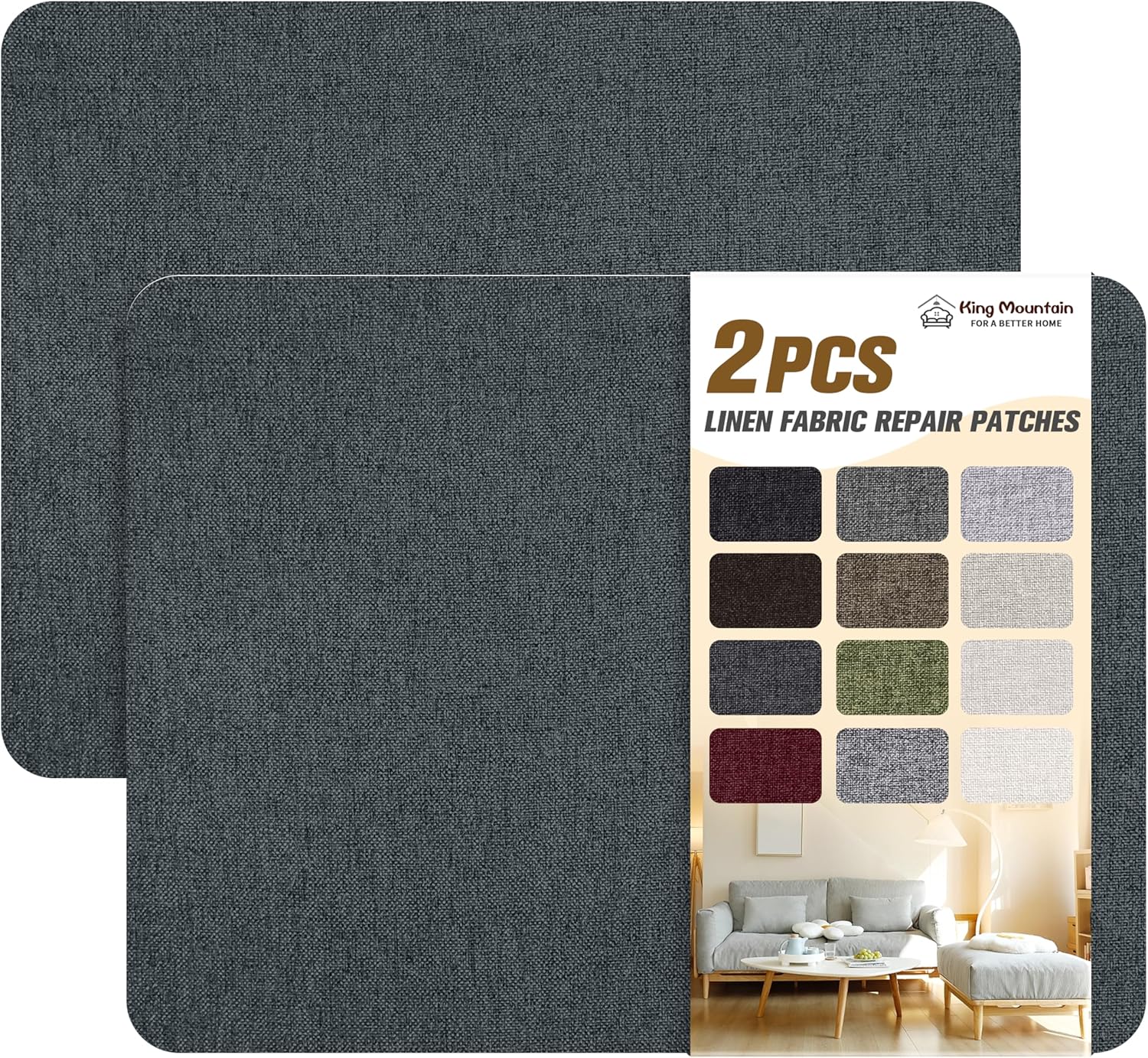 KING MOUNTAIN Fine Linen Repair Patches, Self-Adhesive Linen Fabric Patches, 8X11 inch Extra Size, Multi Color, Can be Used for Linen Sofa Repair and Linen Clothes Repair(8" x 11"-2PCS,Charcoal Gray)
