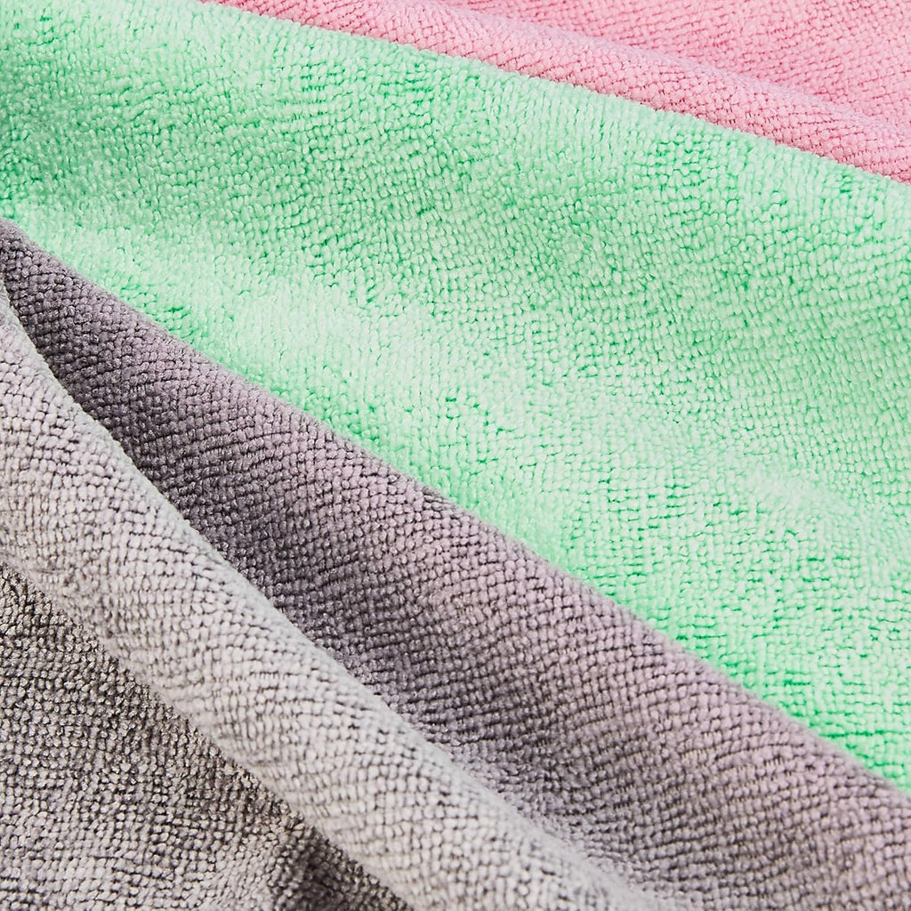 Amazon Basics Microfiber Cleaning Cloths, Ultra Soft and Absorbent, Free from Streaks/Lint/Scratch for Cars, 16" x 12", Green/Gray/Pink, 24-Pack