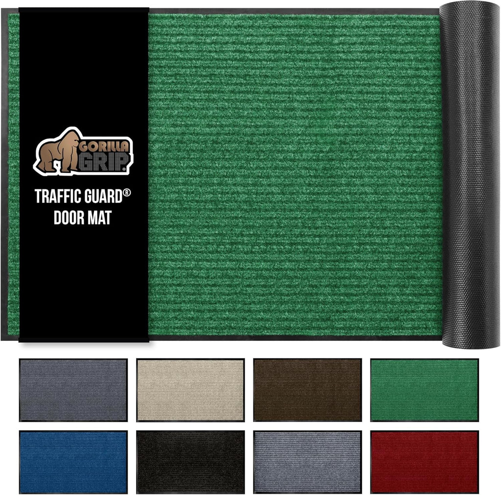 GORILLA GRIP Traffic Guard Door Mat, Heavy Duty Welcome Mats, Commercial Office Space Doormat, Waterproof, Fade Resistant, Strong Rubber Backing, Low Profile, Shoe and Boot Scraper, 35x23, Green