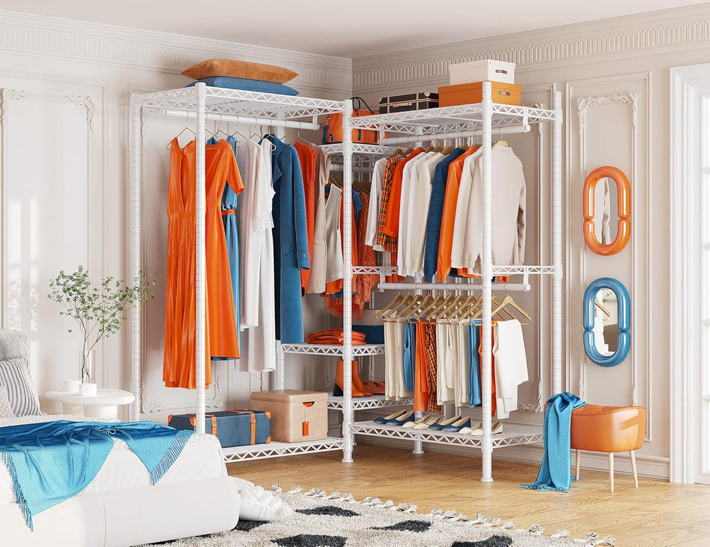 Raybee Clothing Racks for Hanging Clothes Heavy Duty Clothes Rack Load 750LBS Garment Rack, 77" H x 70.5" W x 13.8" D, White
