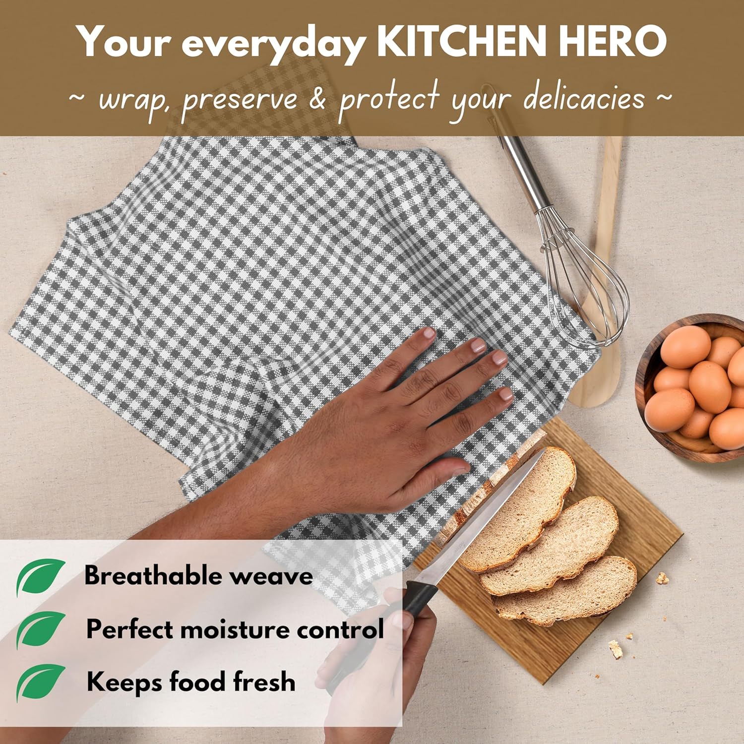 Native Fab Gingham Kitchen Towels 6 Pack, 100% Cotton 16x26 Inch, Absorbent & Washable Tea Towels, Soft Dish Cloths with Hanging Loop for Drying & Cleaning, Grey White