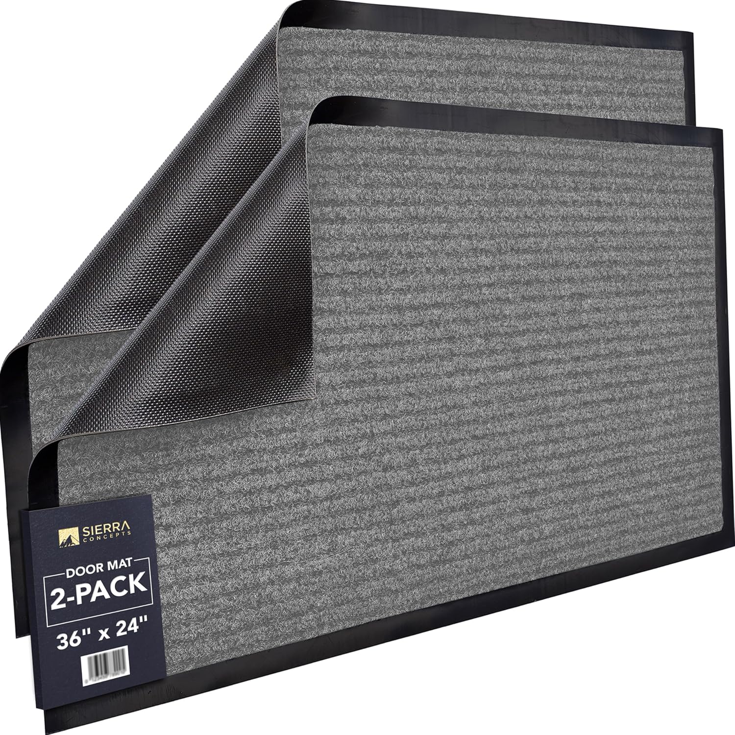 Sierra Concepts Front Door Mat Welcome Floor Mats - Entryway Indoor Outdoor Entrance Doormat, Patio, Porch, Muddy Shoe, Inside Outside Low Profile, Large 36x24 inches, 2-Pack Gray