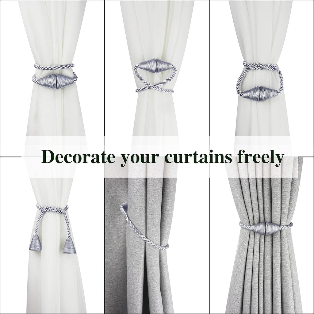2 Pack Magnetic Curtain Tiebacks Rope Modern Handmade Curtain Tie Backs Decorative Drapes Weave Holdbacks for Window Décor, Grey